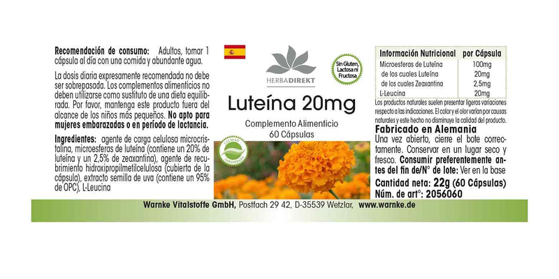 Lutein 20mg - microencapsulated - 60 capsules - vegan | HERBADIREKT by Warnke vital substances - NewNest Australia