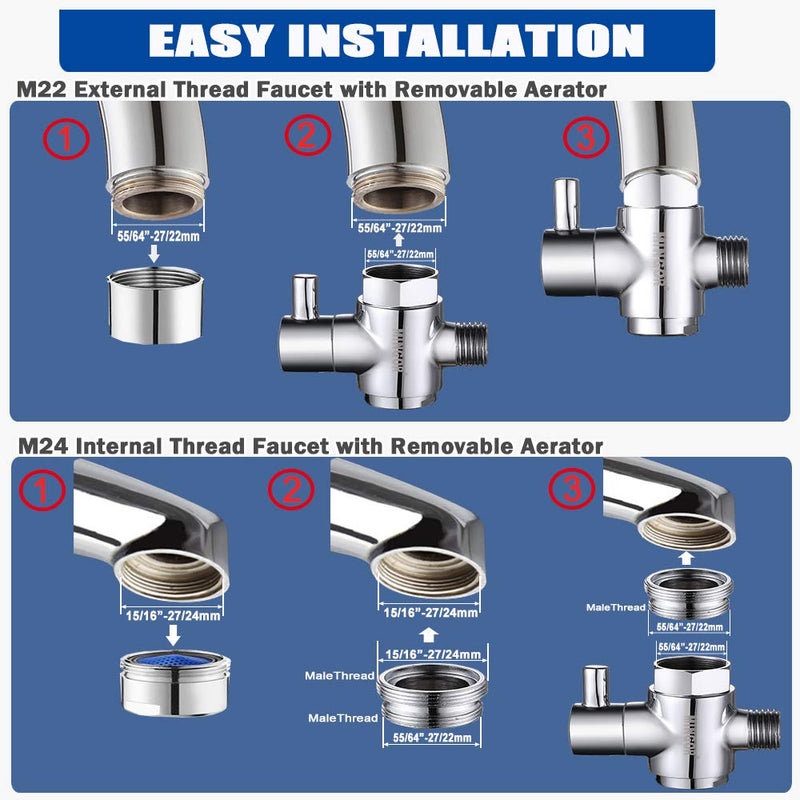 Brass Faucet Diverter Valve with Aerator, Faucet Adapter for Sink Hose Attachment, 3 Way Faucet Splitter with Male Thread Adapter, Faucet Connector for Bathroom/Kitchen(Chrome) Regular - NewNest Australia