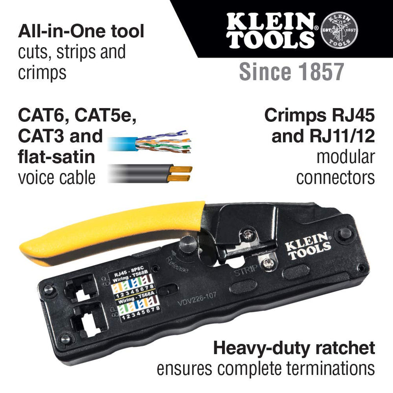 Klein Tools VDV226-107 Compact Ratcheting Modular Crimper / Cutter / Stripper for RJ45, RJ11/12, CAT6, CAT5e, CAT3, Flat-Satin Voice Cables - NewNest Australia