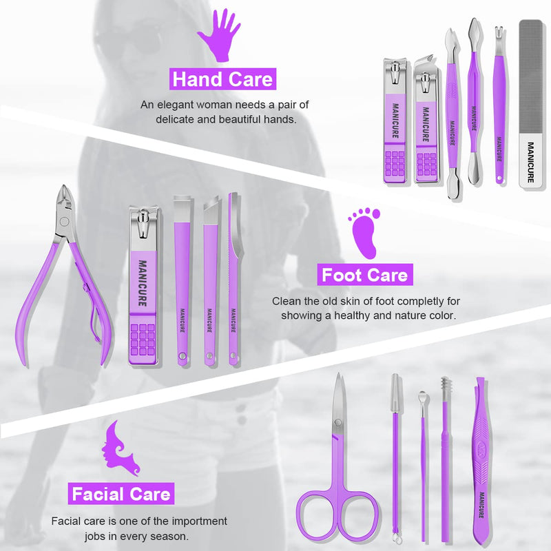 Manicure Set Professional Nail Clippers Pedicure Kit, 16 pcs Stainless Steel Nail Care Tools Grooming Kit with Luxurious Travel Leather Case for Thick Nails Men Women Gift (Violet) Violet - NewNest Australia