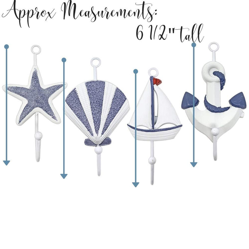 NewNest Australia - Beach Decorations - Nautical Themed Wall Hook Set of 4 -Starfish, Shell, Anchor and Sail Boat Design- Hangers for Towels, Robes, Aprons Hats - Ocean Wall Art 