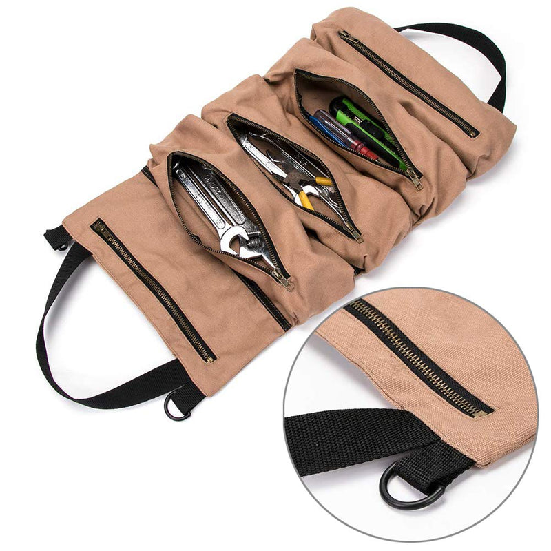 Super Tool Roll Up Bag/pouch,durable Canvas Wrench Tool Roll Up Pouch With 5 Zipper Pockets,car Back Seat Organizer/Khaki Khaki - NewNest Australia