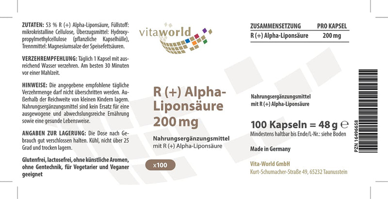 vitaworld R (+) alpha lipoic acid 200 mg, from the natural, bioactive R (+) form, high dose with 200 mg per daily intake, vegan, 100 capsules - NewNest Australia