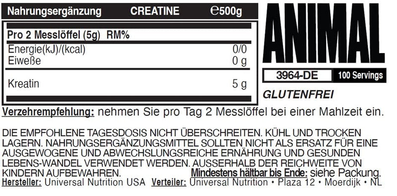 Universal Nutrition Animal Creatine Powder (500G) Contains Easily Absorbent Creatine Monohydrate, Delays Muscle Fatigue, Improves Body Endurance & Training Ability - NewNest Australia