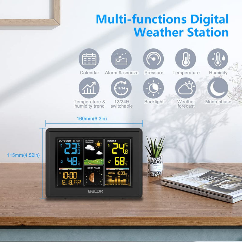 Baldr Wireless Home Weather Station with Indoor Outdoor Thermometer and Humidity Monitor,12-24 Hour Weather Forecast, Moon Phase Display, Atomic Time and Date, Barometric History, and More --Black - NewNest Australia