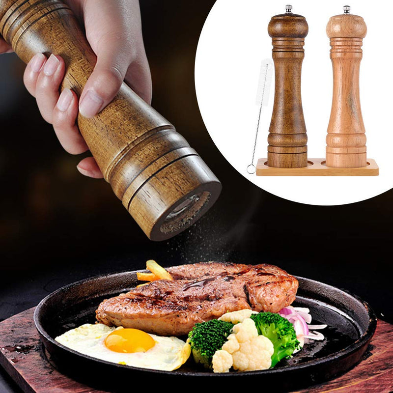 NewNest Australia - SZUAH Salt and Pepper Grinders, Oak Wooden Salt and Pepper Mills Shakers with Cleaning Brush & Wood Stand, Ceramic Rotor with Strong Adjustable Coarseness[Set of 2] A-Oak Wood, Retro Color 
