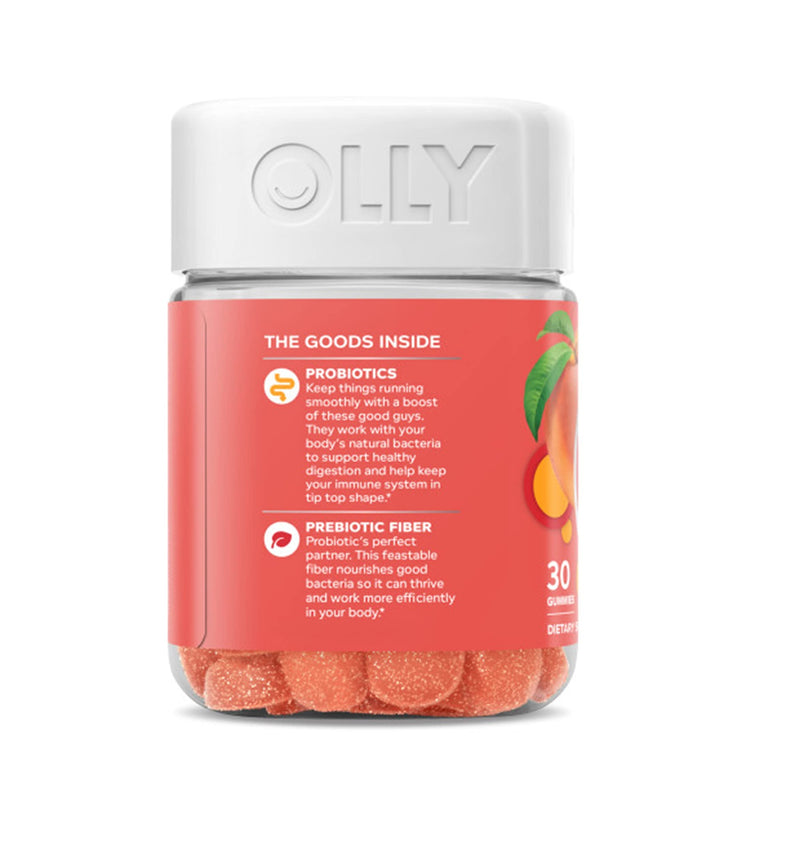 OLLY Probiotic + Prebiotic Gummy, Digestive Support and Gut Health, 500 Million CFUs, Fiber, Adult Chewable Supplement for Men and Women, Peach, 30 Day Supply - 30 Count Balanced Belly (30 Day Supply) - NewNest Australia