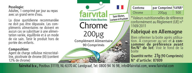Fairvital | Chromium 200µg - with 200mcg chromium per tablet - high dose - vegan - Chromium Picolinate - essential trace element - 90 tablets - NewNest Australia