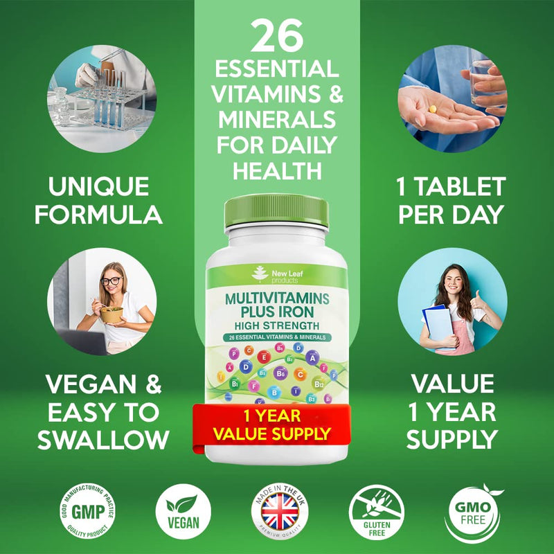 Multivitamin & Minerals - 365 Vegan Multivitamins Tablets (1 Year Supply) with Iron High Strength - 26 Essential Active Multivitamin Tablets for Women & Men A-Z Complete Daily Vitamins UK Made 365 Count (Pack of 1) - NewNest Australia