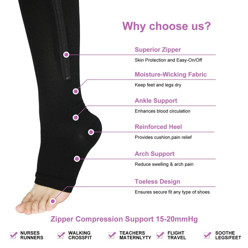 YUSHOW 3 Pairs of Compression Stockings Women Men Support Stockings with Zip 15-20 mmHg Medical Compression Socks Open Toe Compression Socks for Edema, Sports, Running SM Black and Brown and Gray Skin (3 Pairs) - NewNest Australia
