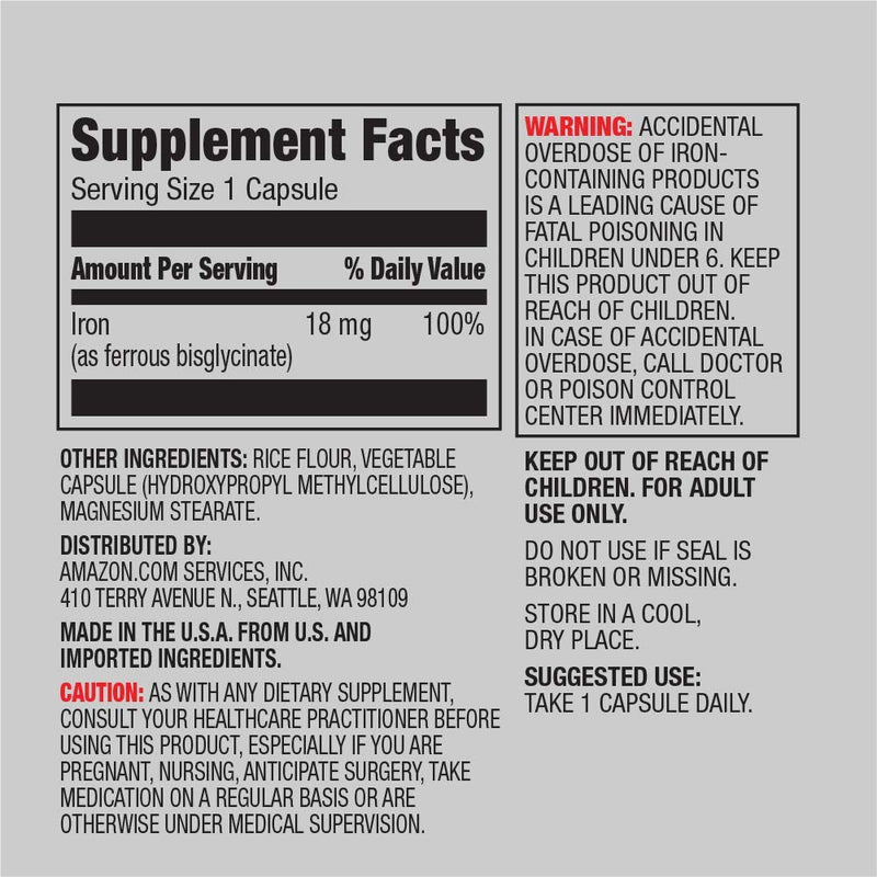 Amazon Elements Iron 18mg, Supports Red Blood Cell Production, Vegan, 195 Capsules, 6 month supply (Packaging may vary) - NewNest Australia