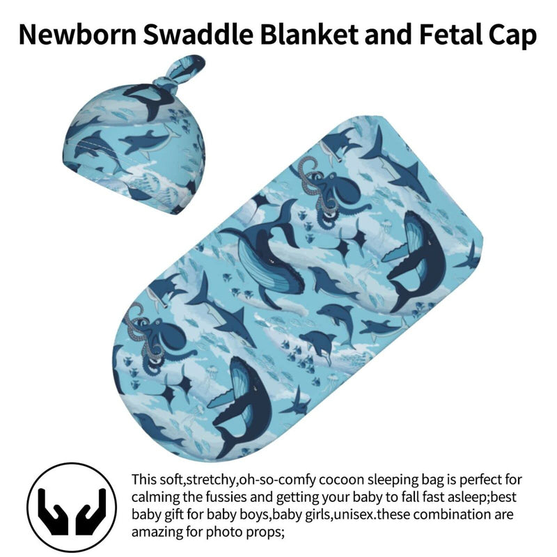 Sea Waves Dolphins Sharks Whale Octopus Newborn Swaddle Blankets Baby Wrap Baby Receiving Blanket Soft with Beanie Hat Sets Gifts for Infant Boy Girl Baby Shower Sea Waves Dolphins Sharks Whale Octopus One Size - NewNest Australia