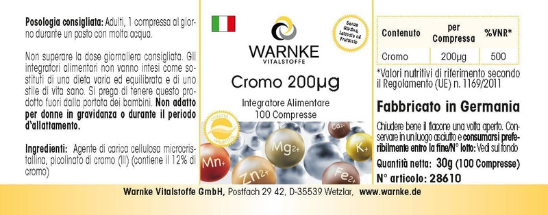 Chromium 200µg - 100 tablets of chromium picolinate for 200 days - German pharmacy quality - dietary supplement - high dosage - vegan | Warnke vital substances - NewNest Australia