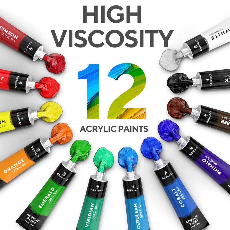 Acrylic Paint Set for Kids, Artists and Adults - 12 Vibrant Colors, 6 Brushes and 3 Paint Canvases - Perfect for Beginners or Professionals - NewNest Australia
