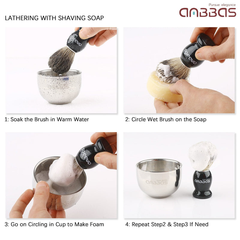Anbbas Shaving Set Badger Hair Shaving Brush Stainless Steel Shaving Brush Stand Shaving Soap Bowl Mug Goat Milk Soap for Men Gift Set3 - NewNest Australia