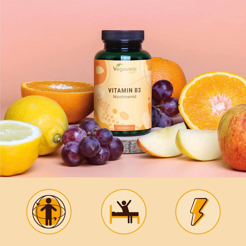 Vitamin B3 Niacin | High dose: 500 mg nicotinamide | 180 capsules - 6 month supply | Skin - Nerves - Energy* | Flushfree| Laboratory tested | Vegan - No additives | German production of Vegavero® - NewNest Australia