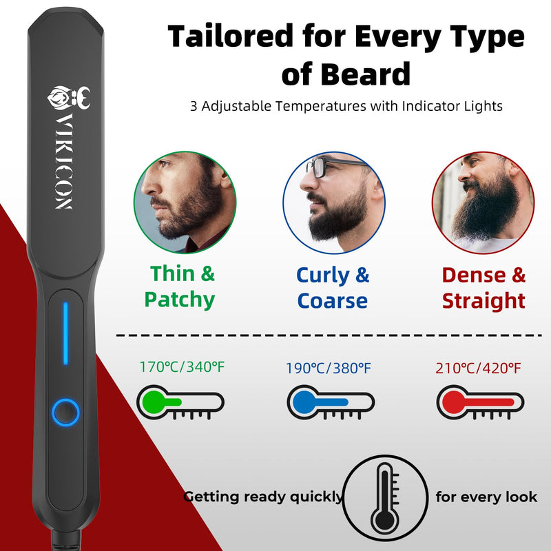 VIKICON Beard Straightener Comb for Men, Mini Professional Hair Straightener with Negative Ions, 3-Segment Temperature, Portable and Quick for Beard and Hair Styling - NewNest Australia
