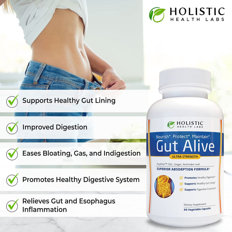 Holistic Health Labs Gut Alive - For Leaky Gut with Zinc Carnosine, Ginger Root, Artichoke Leaf Extract & Licorice (DGL). Supports IBS, Heartburn, Bloating, Gas, Constipation. 60 Capsules. - NewNest Australia