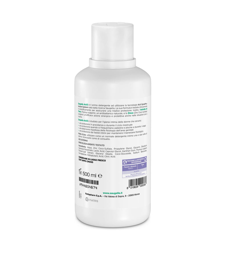 Saugella Acti3 intimate cleaner triple protection with thyme and zinc extract with protective effect against intimacy complaints - 500 ml 500.00 ml (pack of 1) - NewNest Australia