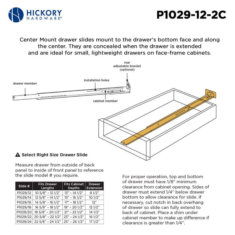 Hickory Hardware P1029/12-2C Center Mount Collection Drawer Slide, 12 Inch, Cadmium - NewNest Australia