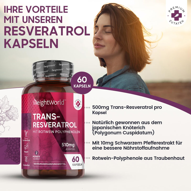 Trans-Resveratrol Capsules - 510 Mg Pure Resveratrol With Red Wine Polyphenols And Piperine - 60 Vegan Capsules - 98% Trans Resveratrol With Grape Skin & Black Pepper - Dietary Supplement - NewNest Australia