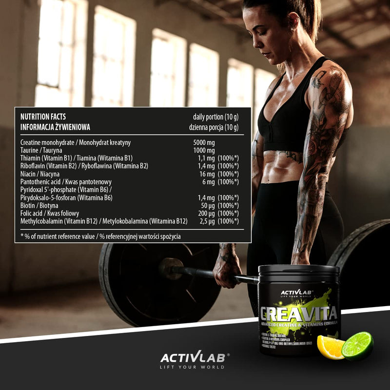 Activlab CREAVITA 300g | 30 servings | Lemon-lime flavor | Creatine, taurine, B vitamins | Strength increase | powder | Tested 3x in the laboratory | Matrix for bodybuilding | Incl. measuring cup lemon-lime 30 portions (pack of 1) - NewNest Australia