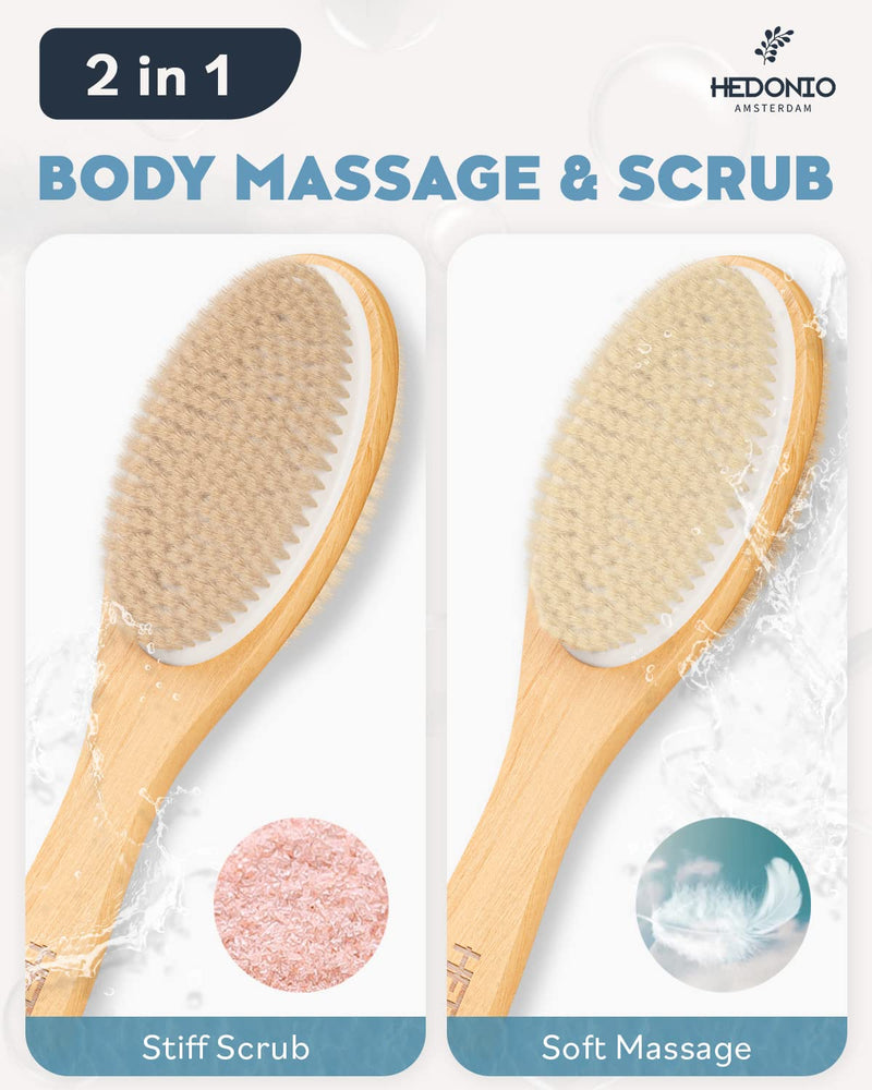 Hedonio Body Brush Long Handle, Back Scrubber for Bath and Shower Exfoliating Skin, Double-Sided, Body Scrub Brush, Dry Brush and Wet in Bath, Massage, Natural Stiff Bristle, Soft Wood Black - NewNest Australia