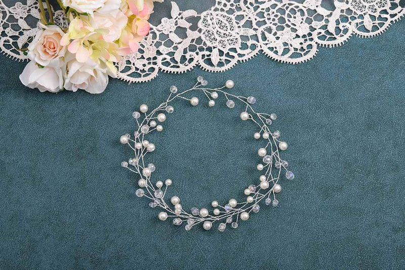 IYOU Bridal Wedding Hair Vines Silver Crystal Bride Headpieces Pearl Headband Leaves Hair Accessories for Women and Girls - NewNest Australia