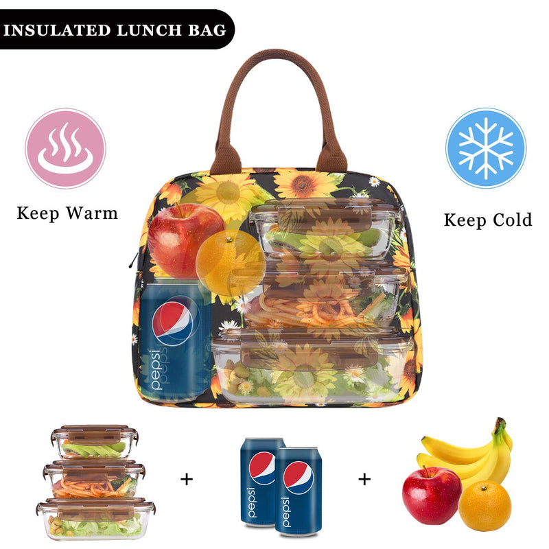 NewNest Australia - Insulated Lunch Bags for Women Cooler Tote Bag with Front Pocket Lunch Box Reusable Lunch Bag for Men Adults Girls Work School Picnic - Sunflower Sunflowers 