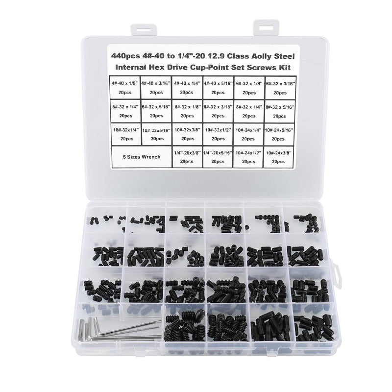 HanTof 440Pcs 22 Sizes,4#-40 to 1/4"-20 Standard SAE Allen Head Socket Hex Grub Screw Assortment Kit,Internal Hex Drive Cup-Point Set Screws Set with 5pcs Hex Wrenches,12.9 Class Alloy Steel-Black Black-440pcs SAE Set Screw - NewNest Australia