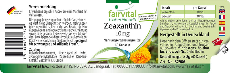 Fairvital | Zeaxanthin capsules 10mg - HIGH DOSE - VEGAN - 60 capsules - NewNest Australia