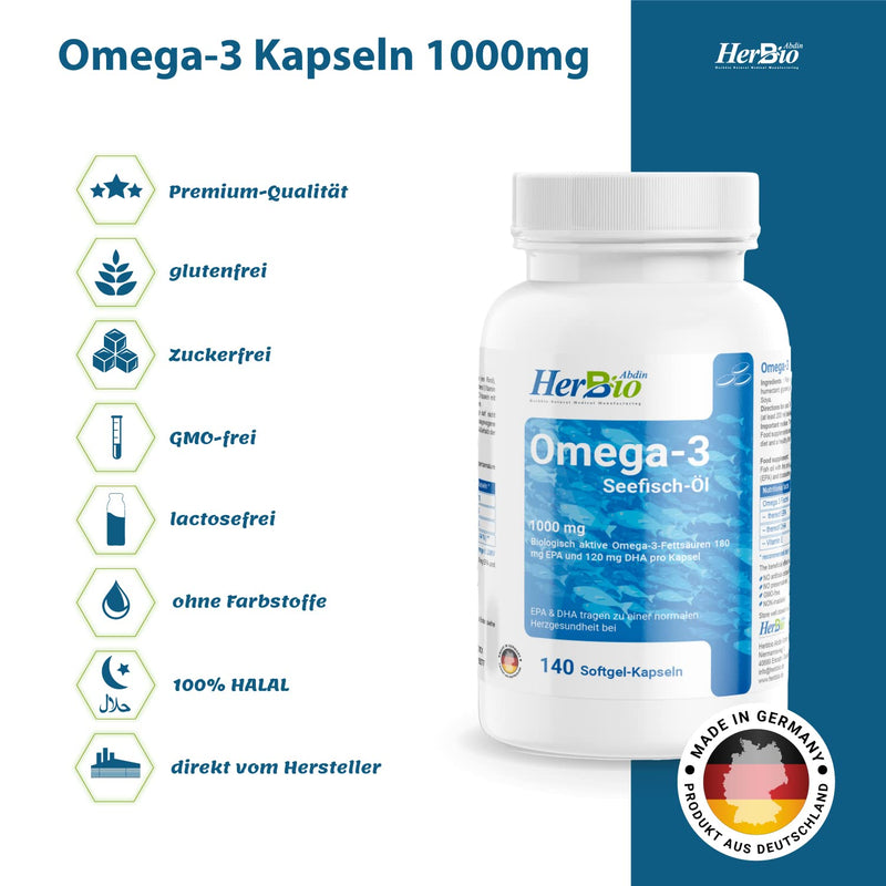 Herbbio Omega-3 Capsules High Dose - 140 Softgel Capsules With 1000Mg Fish Oil, 180Mg Epa And 120Mg Dha Per Capsule, Omega-3 Fatty Acids, Halal Certified, 100% Beef Gelatin, Made In Germany - NewNest Australia