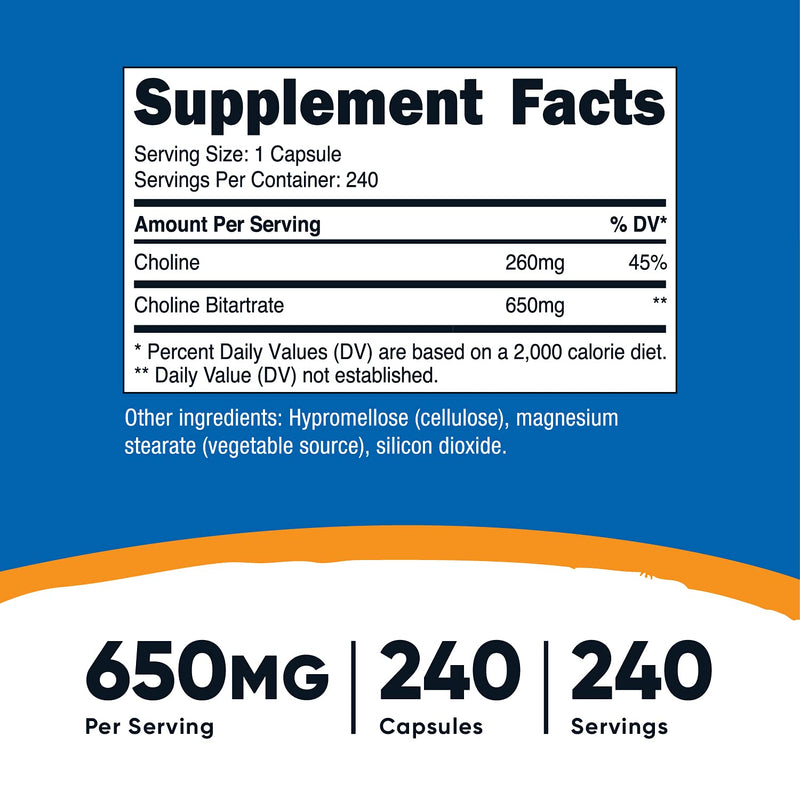 Nutricost Choline Bitartrate 650mg, 240 Vegetarian Capsules - Non-GMO, Vegetarian Friendly, Gluten Free - NewNest Australia