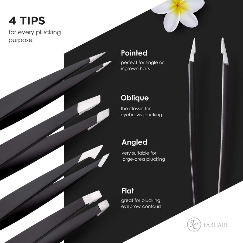 Fabcare Tweezers For Plucking Eyebrows (Slanted) Incl. Case - Improved Tip - Professional Eyebrow Tweezers With Anti-Slip Coating - Plucking Tweezers For Hair Removal - Tip Tweezers (Set) Ensemble De 5 Pi√®Ces - NewNest Australia