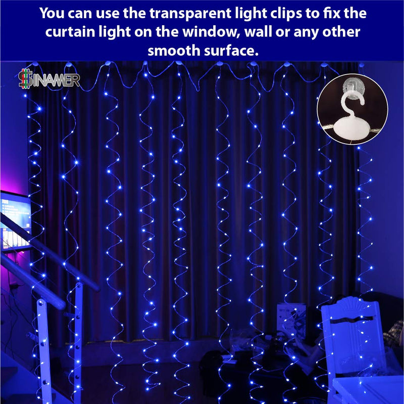 SINAMER Curtain Light, 9.8ft x 9.8ft Copper Wire String Lights, USB Powered Hanging Window Fairy Lights, 8 Lighting Modes, Remote Control for Home Christmas Wedding Party (Blue) Blue - NewNest Australia