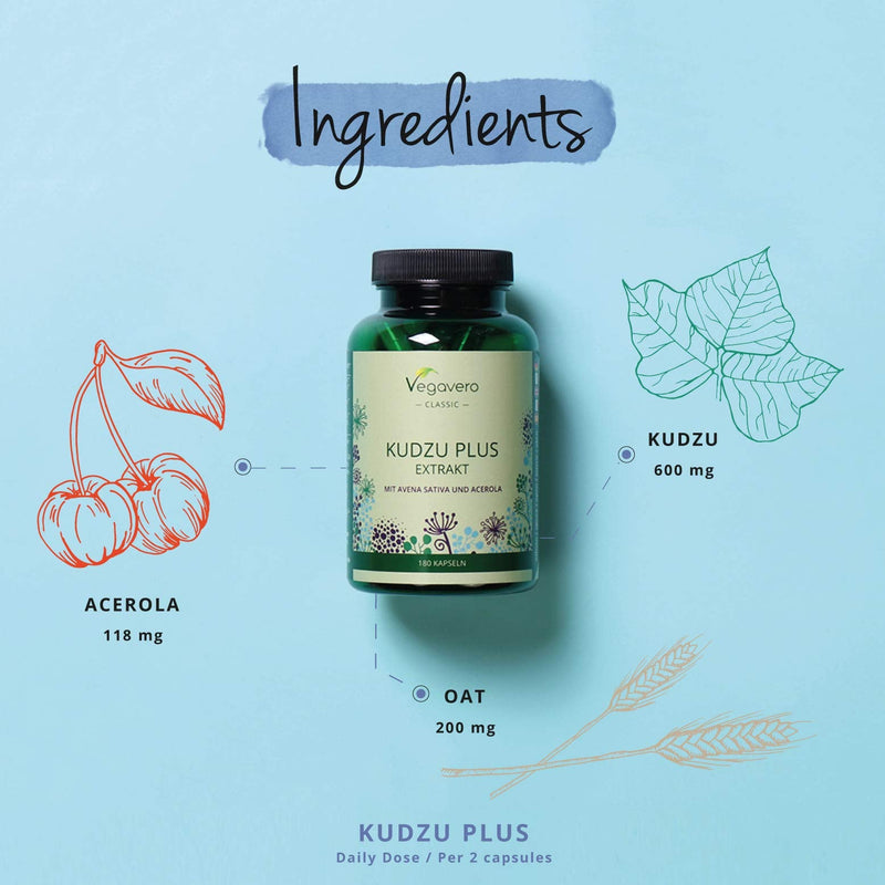 Kudzu Plus Vegavero® | High Strength Root Extract | 8% Isoflavones | 180 Capsules (3 Months Supply) | 600 mg with Avena Sativa (Oat Extract) & Vitamin C | Vegan & NO Additives - NewNest Australia