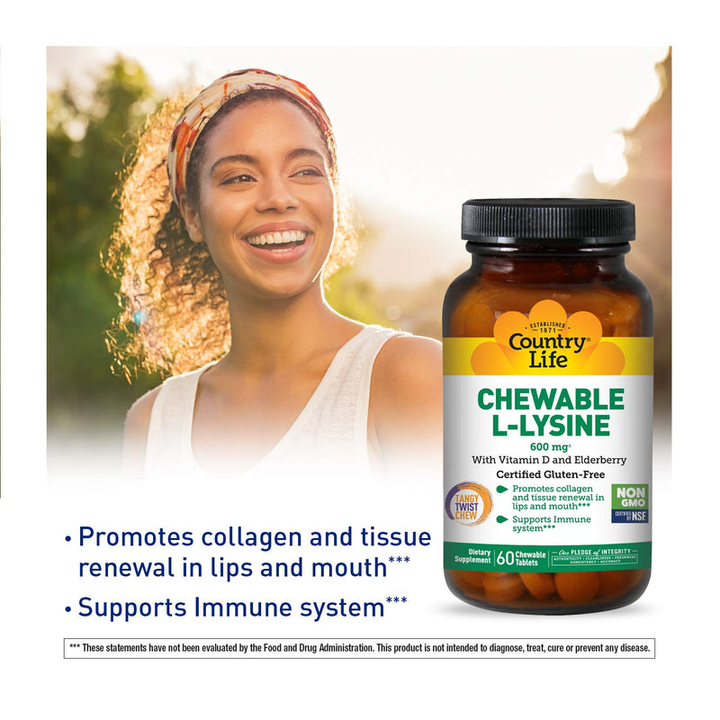 Country Life Chewable L-Lysine 600mg - 60 Chewable Tabs - Supports Immune Health - Supports Natural Collagen Production - Vitamin D - Elderberry - Great Taste - NewNest Australia