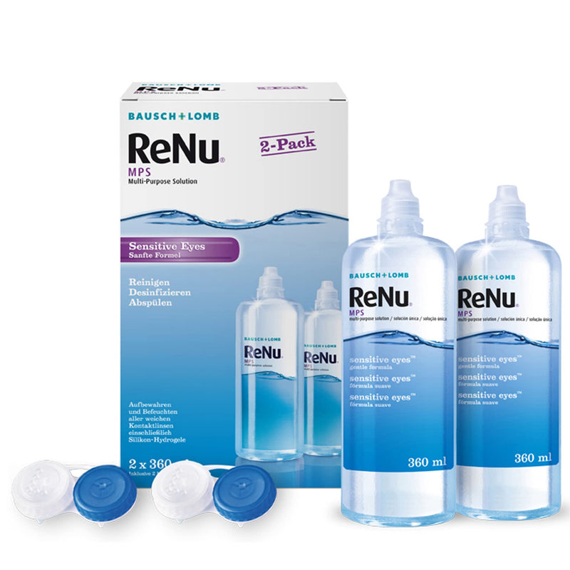 Bausch + Lomb ReNu MPS Sensitive Eyes Combination Solution - Contact Lens Cleaner and Storage Solution, Soft Contact Lenses, 2 x 360 ml, Transparent 360 ml (Pack of 2) - NewNest Australia