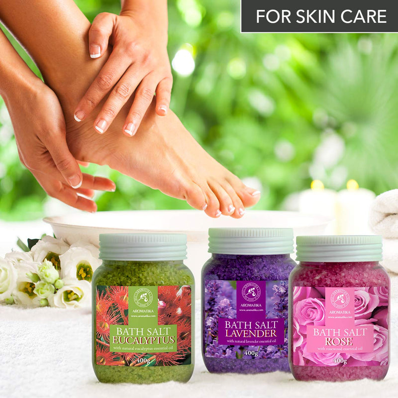 Bath Salts Set 3x400g - Lavender - Rose - Eucalyptus - 100% Natural Essential Oil - Best for Good Sleep - Stress Relief - Bathing - Body Care - Wellness - Beauty - Relaxation - Spa - NewNest Australia