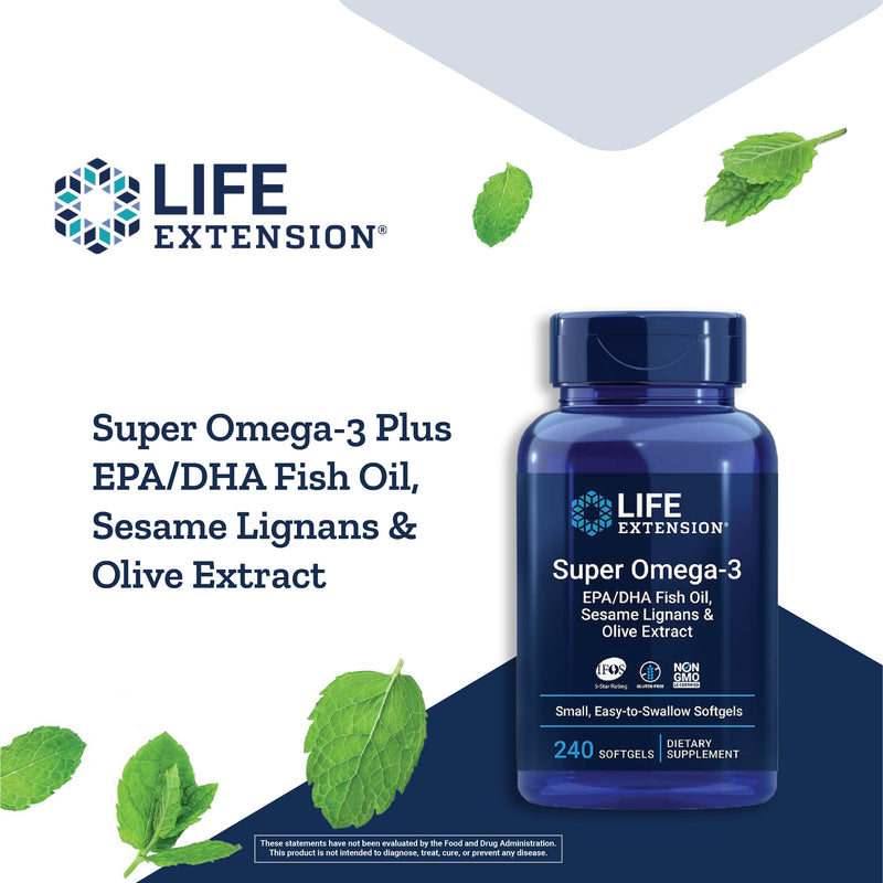 Life Extension Super Omega-3 Plus EPA/DHA Fish Oil, Sesame Lignans & Olive Extract - Heart Health & Brain Support Supplement - Easy-to-Swallow - Gluten-Free, Non-GMO - 240 Softgels 240 Count (Pack of 1) - NewNest Australia