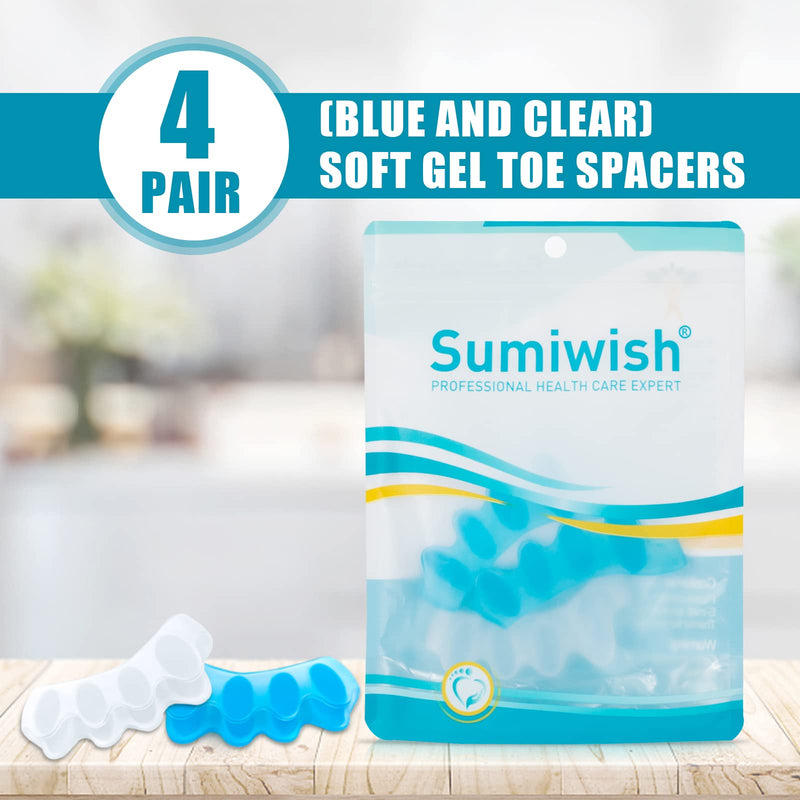 Sumiwish Toe Separators, 4 Pair (Blue and Clear) Soft Gel Toe Spacers to Correct Bunions, Toe Stretcher for Therapeutic Relief from Plantar Fasciitis, Hammer Toes, Claw Toes - NewNest Australia