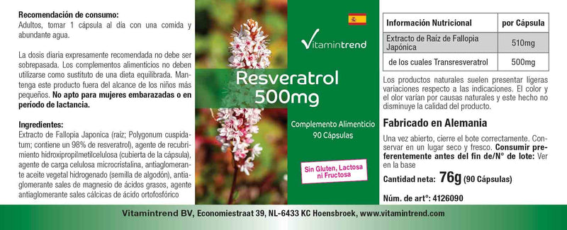 Resveratrol 500mg - 90 capsules made from knotweed extract, high dosage, vegan | Vitamin trend - NewNest Australia