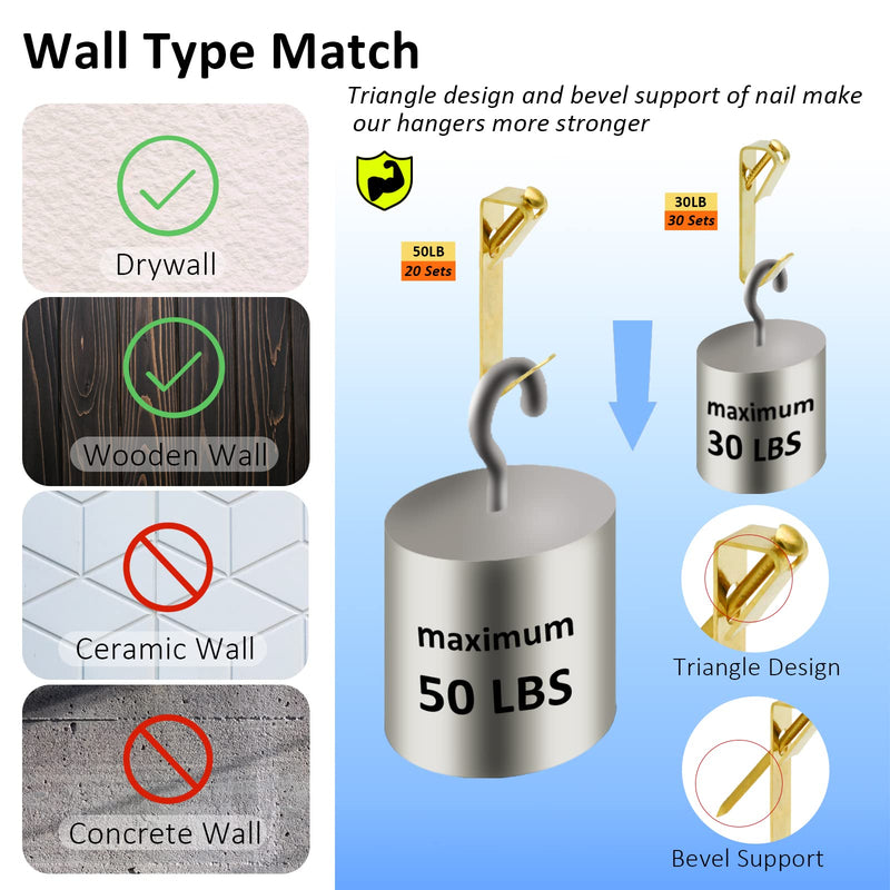 Picture Hooks, 100 Pieces Picture Hanging Kits Including 30lb and 50lb Picture Hanging Hooks, 2 Sizes Professional Picture Hangers with Nails for Drywall Wooden Wall - NewNest Australia
