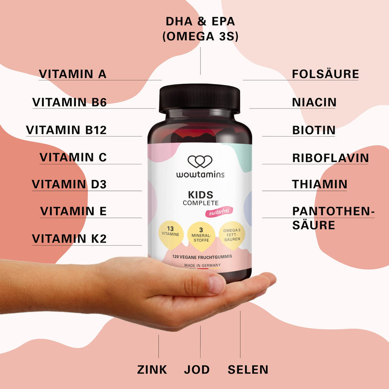 wowtamins KIDS Complete sugar-free, delicious multivitamin as fruit gums with Omega 3s for children (120 pieces) - vitamin C, D3, K2, B12, zinc & more (sugar-free, pack of 1) 120 pieces (pack of 1) - NewNest Australia