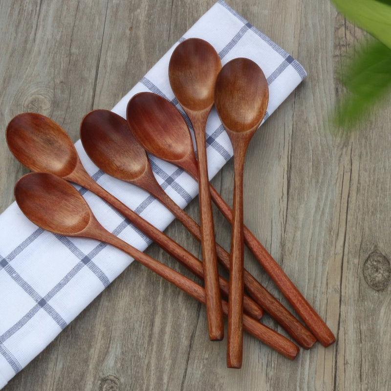 NewNest Australia - Wooden Spoons, 6 Pieces 9 Inch Wood Soup Spoons for Eating Mixing Stirring, Long Handle Spoon with Japanese Style Kitchen Utensil, ADLORYEA Eco Friendly Table Spoon 