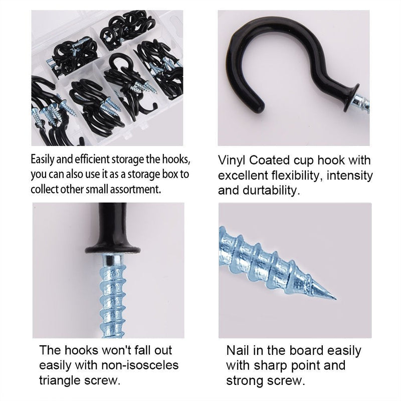 KUUQA Cup Hook Kit Black Vinyl Coated Ceiling Screw Mug Hooks, 70 Pieces, 6 Sizes 70pcs - NewNest Australia