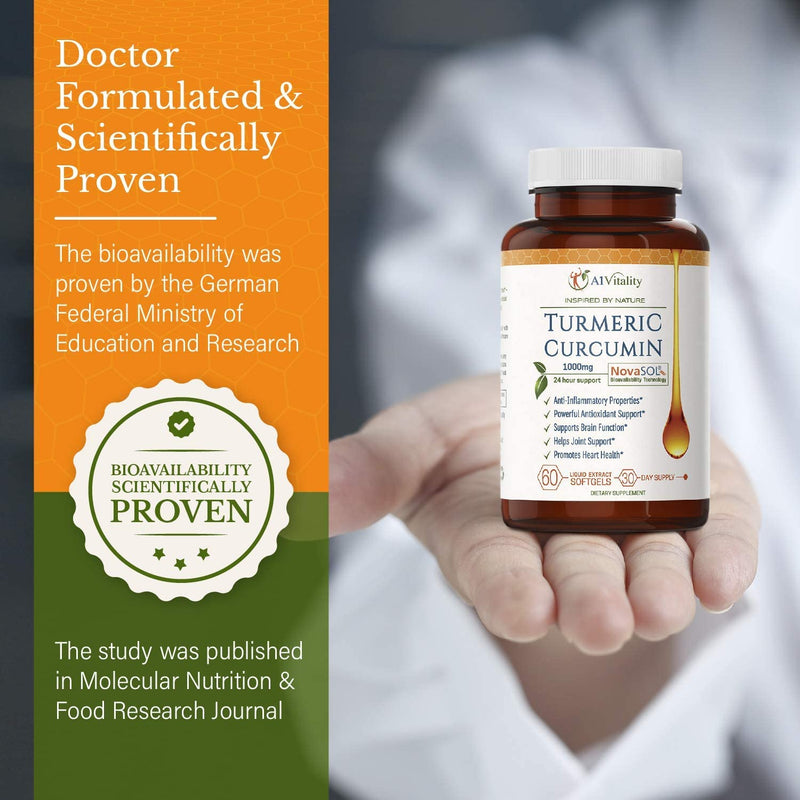 A1 Vitality Turmeric Curcumin NovaSOL Supplements 1000mg More Potent Than Bioperine - Inflammation, Joint Pain Relief - 185x Bioavailable Than Turmeric Black Pepper Capsules – Best Natural Softgels - NewNest Australia