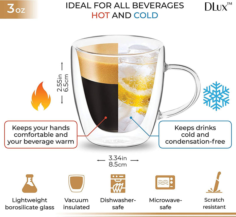 NewNest Australia - DLux Espresso Coffee Cups 3oz, Double Wall, Clear Glass set of 4 Glasses with Handles, Insulated Borosilicate Glassware Tea Cup 5. Pack of 4 - 3oz Borosilicate Cups with Handle 