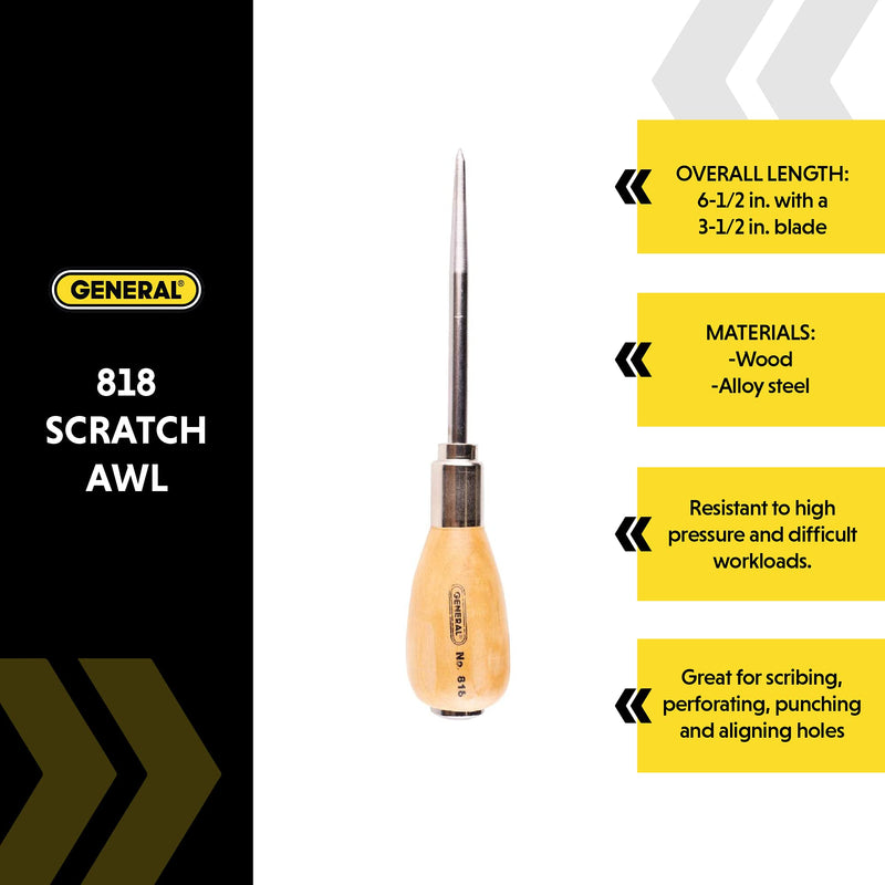 General Tools Scratch Awl Tool with Hardwood Handle - Scribe, Layout Work, & Piercing Wood - Alloy Steel Blade 1 - NewNest Australia
