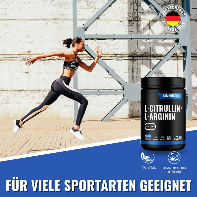 L-Arginine + L-Citrulline - 180 capsules - High dose 1096 mg per capsule - Citrulline + Arginine Base - GIGA CAPS - Premium amino acid vegan - - NewNest Australia